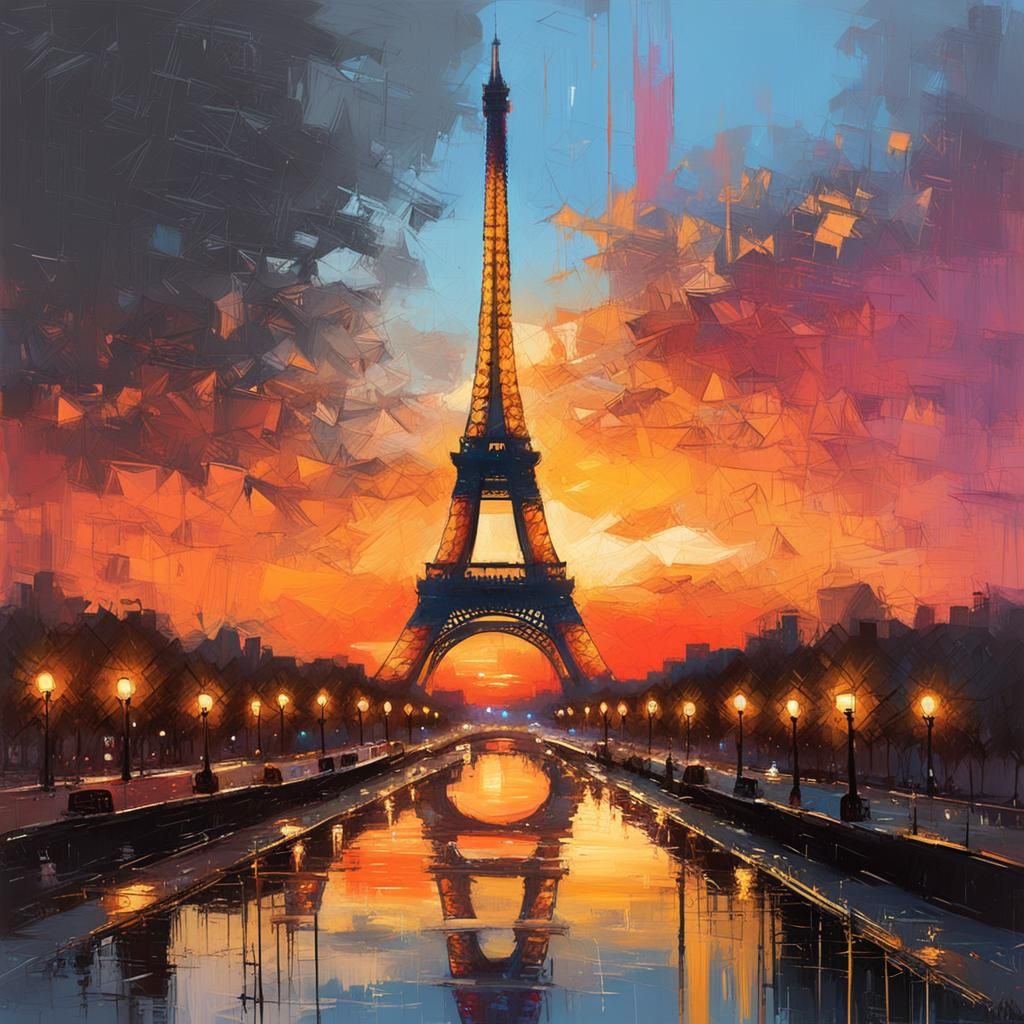 Eiffel Tower Sunset Reflections, Oil Painting