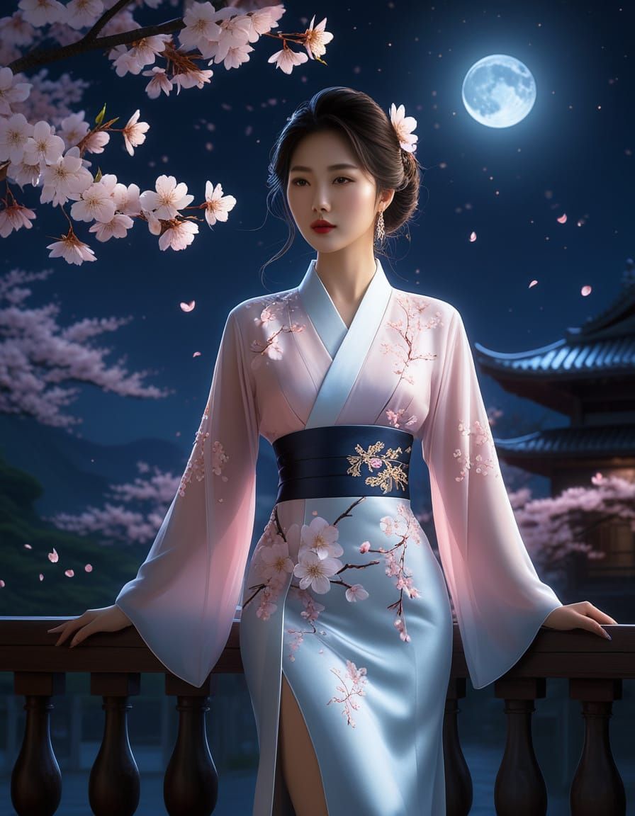 Elegant Asian Woman Poses on Moonlit Veranda