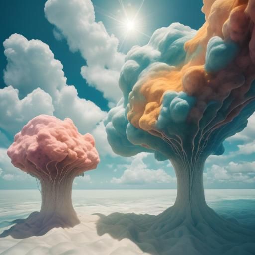 Wool clouds in 3d multicellular colours in double exposure with human beauty and philosophy in a high tech ambient world...
