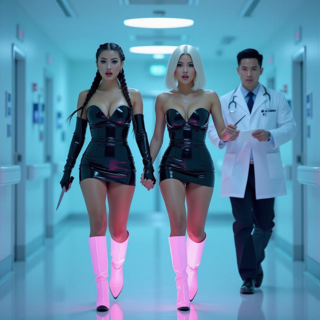 Women in Latex and Glowing Boots Flee Doctor in Future Hospi...
