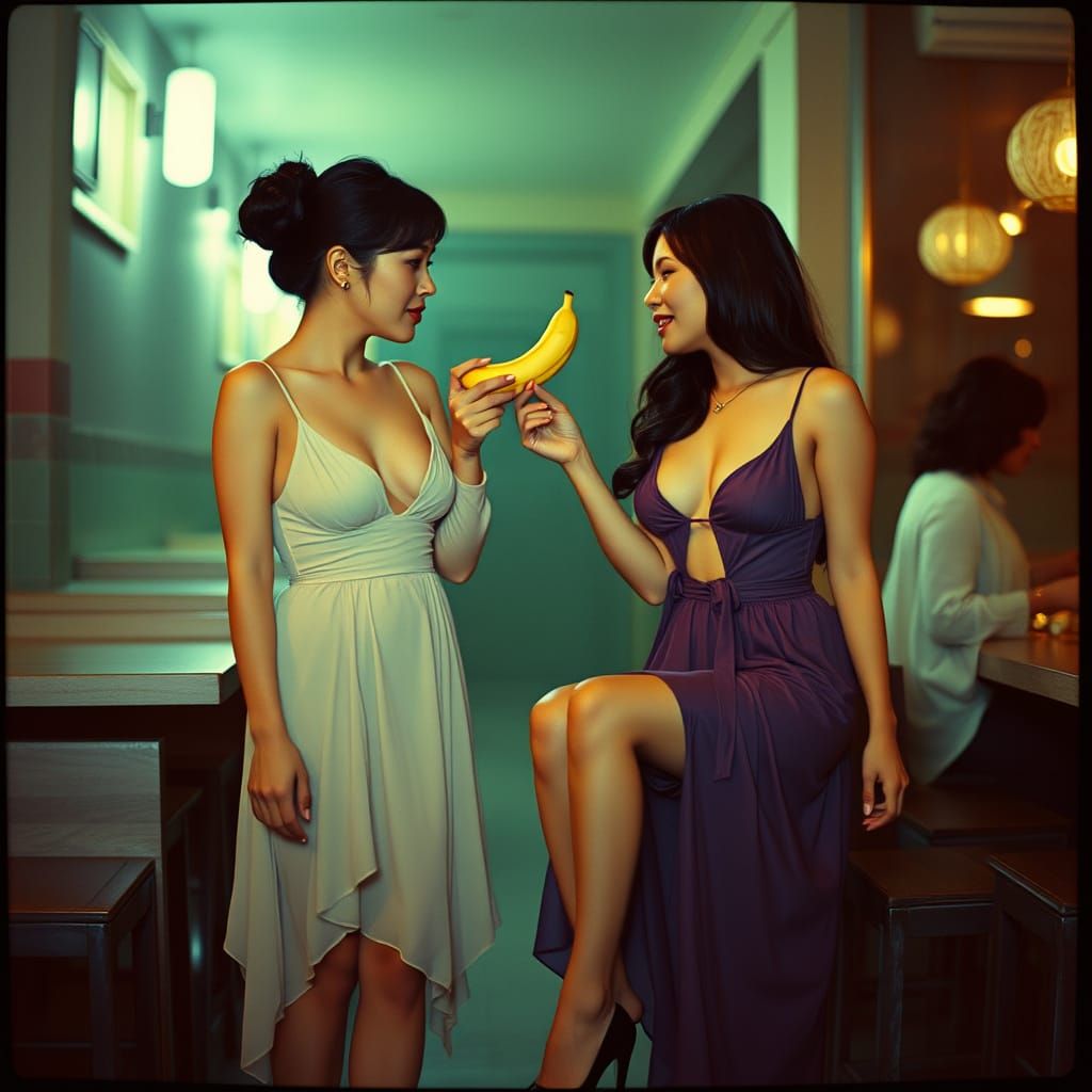 Dramatic Vintage Style Image of Two Women Sharing Banana