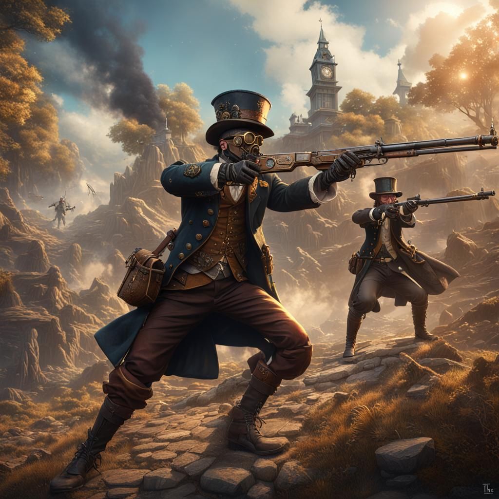 Steampunk Duelists in Detailed Matte Painting Style