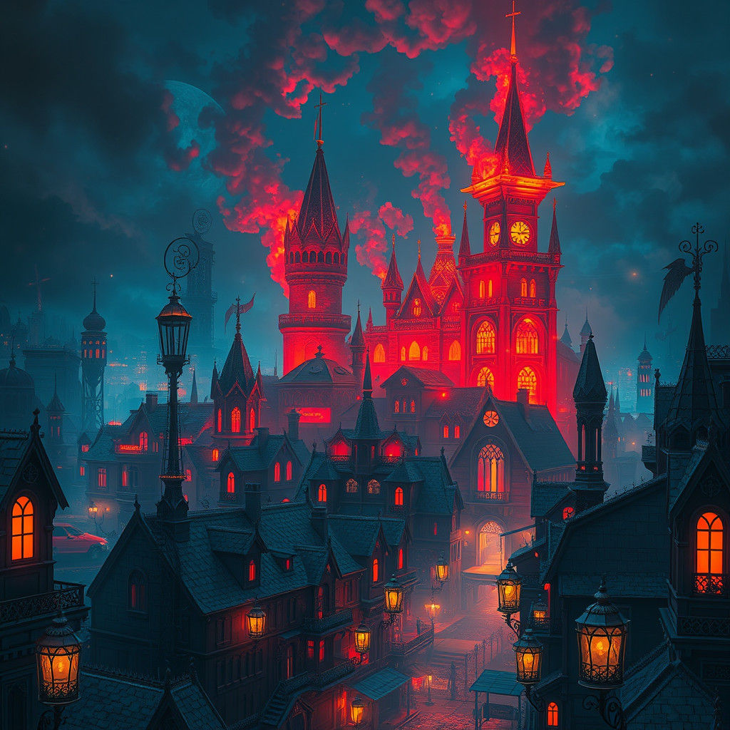 Crimson Cityscape: A Mystical Nocturnal Vision