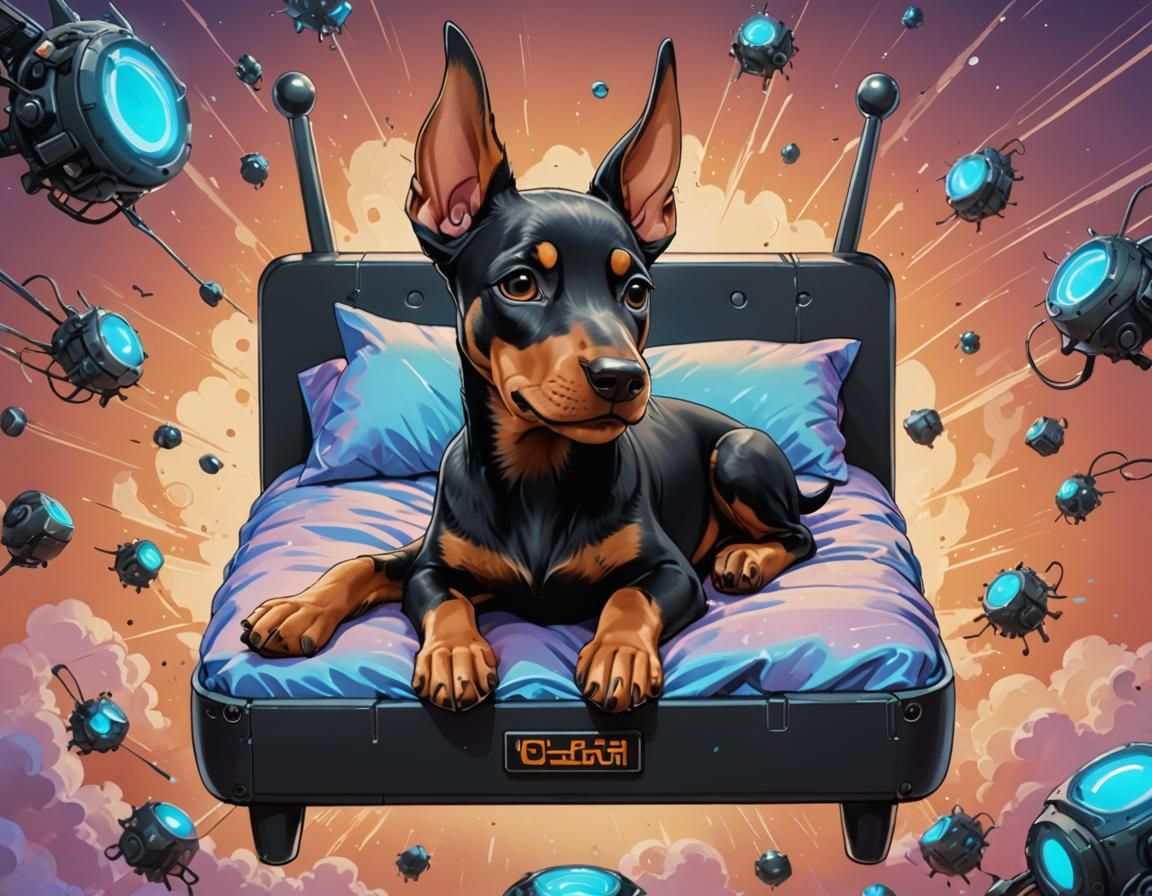 Chibi Doberman on Cybernetic Bed, Kawaii Ghibli Style