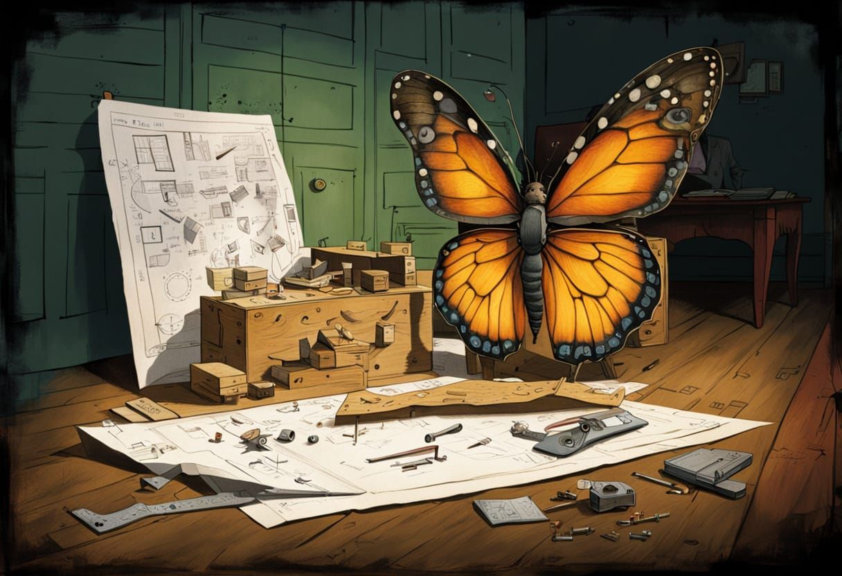 Confused Butterfly Assembling Furniture: Whimsical Illustrat...