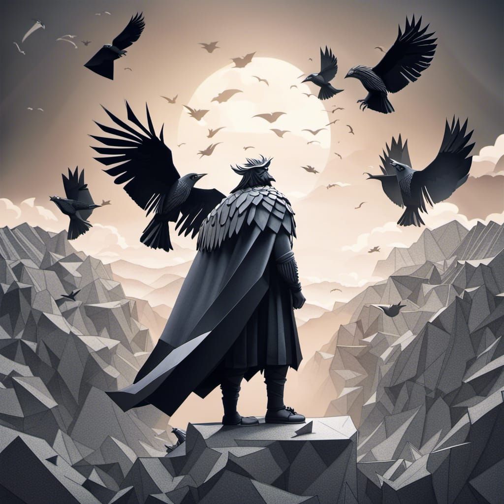 Odin on Cliff with Ravens as Origami Papercraft