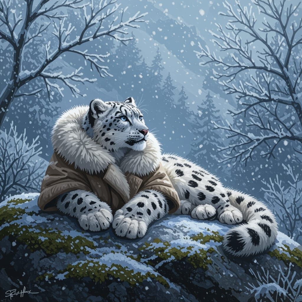 Realistic Snow Leopard Watching Snowfall