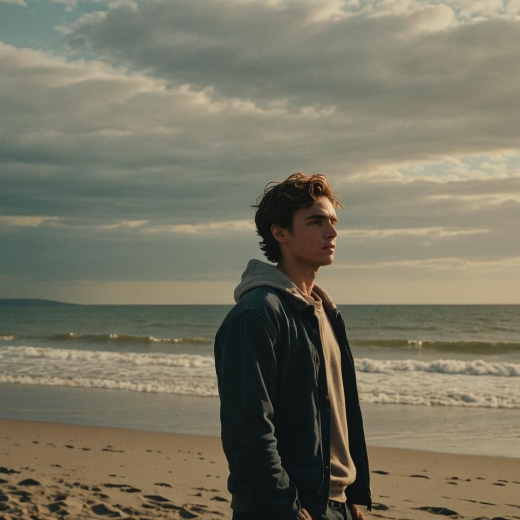 Nostalgic Young Man at Autumn Beach Horizon