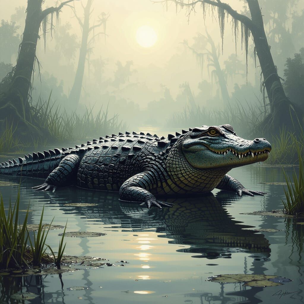 Biomechanical Alligator in a Dark Swamp