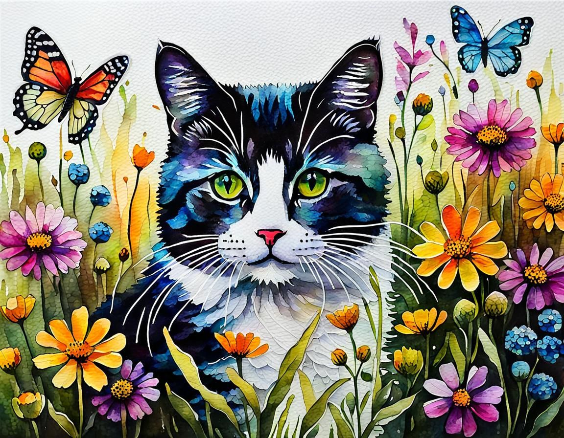 Winged Cat in Wildflower Meadow, Alcohol Ink Art