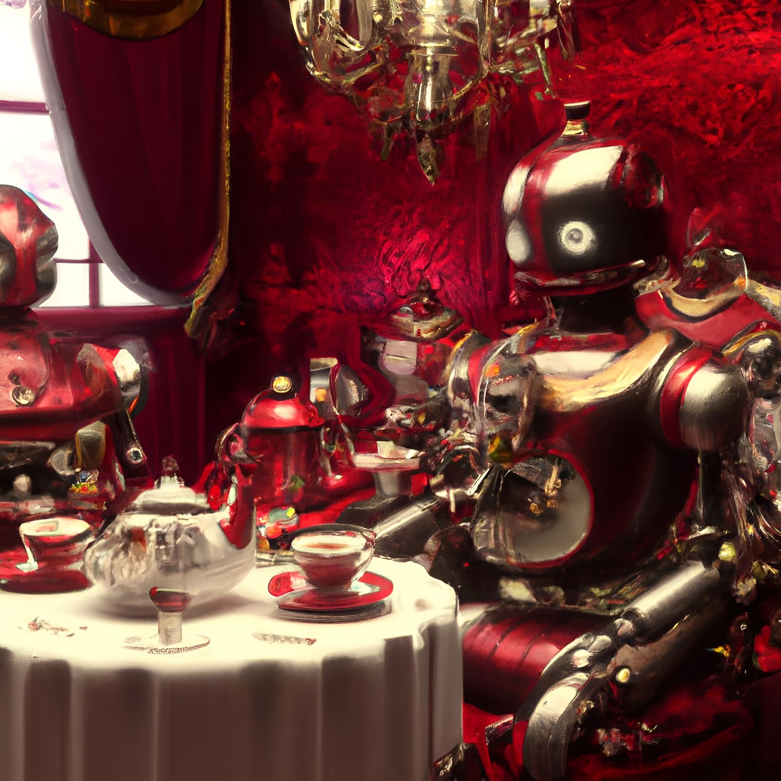 Steampunk Robots' Tea Party: Baroque Photorealistic Scene