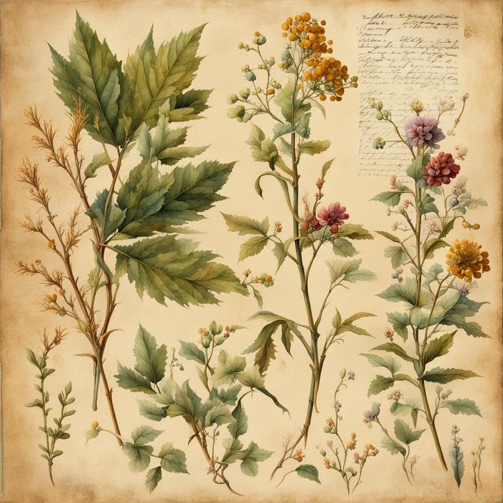 Medieval Botanical Herbarium Page with Watercolor Filter