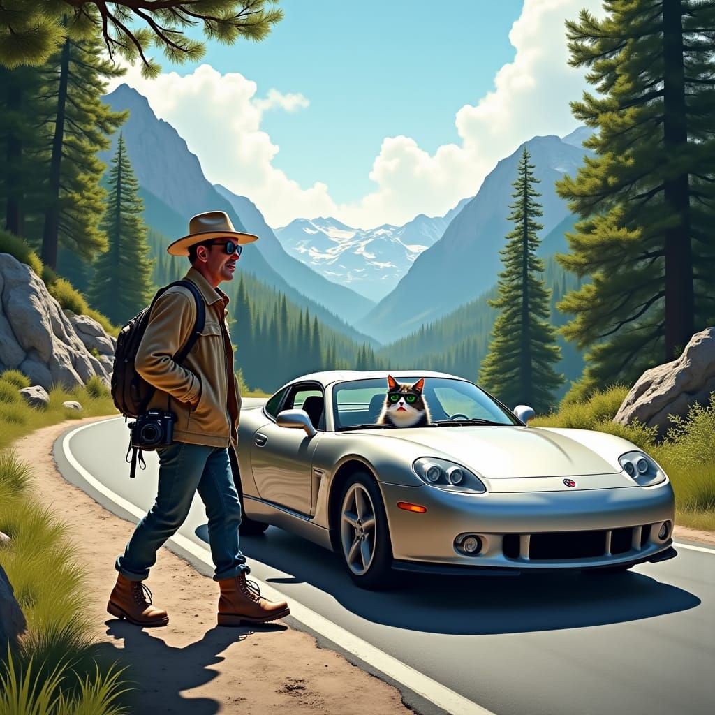 Mischievous Cat Steals Car in Hyperrealistic Mountain Scene