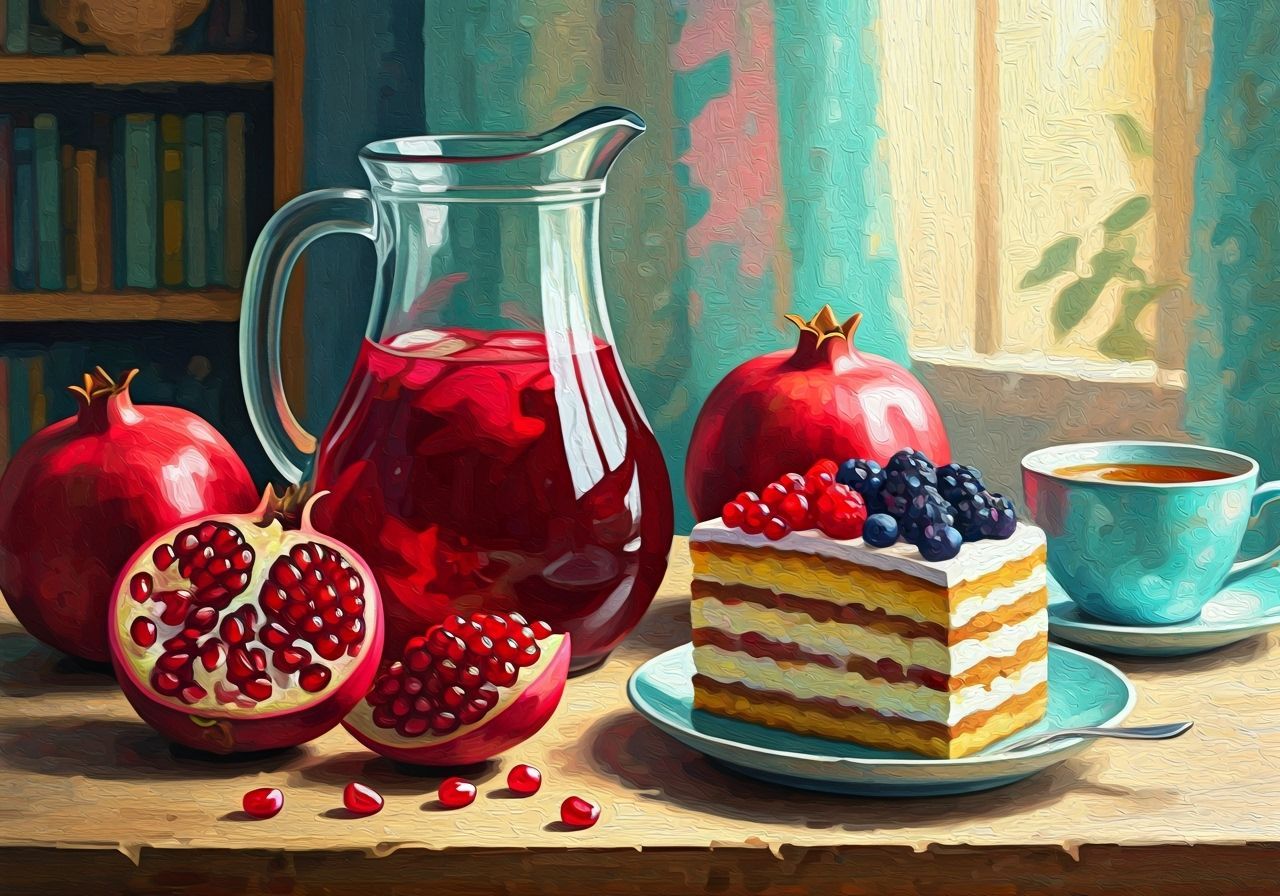 Impressionist Acrylic Still Life: Pomegranate Juice, Cake, a...