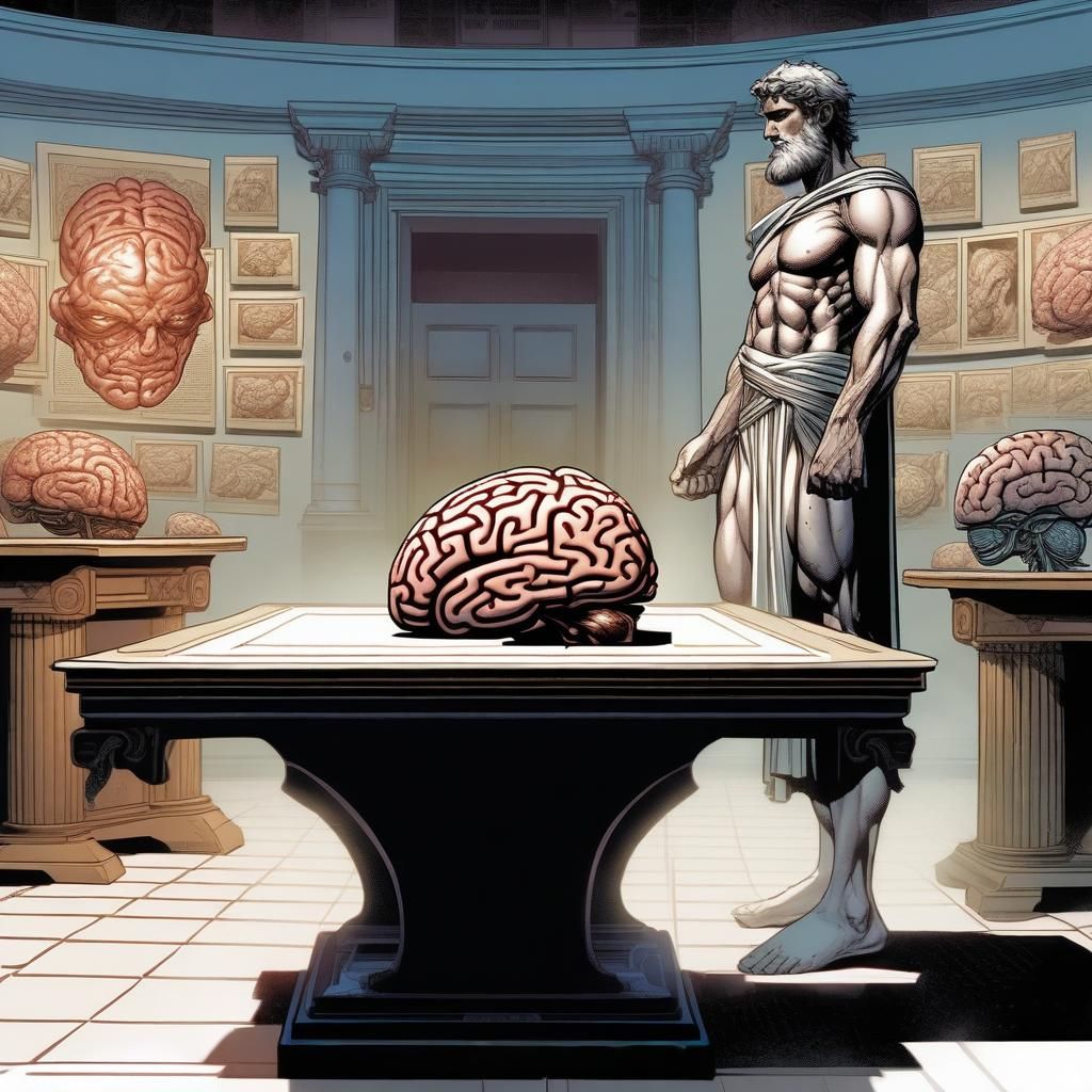 Ancient Greek Man with Brain Model, Comic Book Art