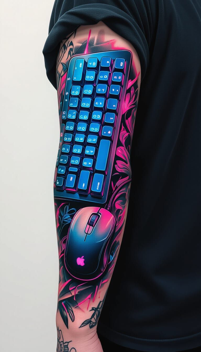 Neon Keyboard Tattoo in Hyperrealistic Style