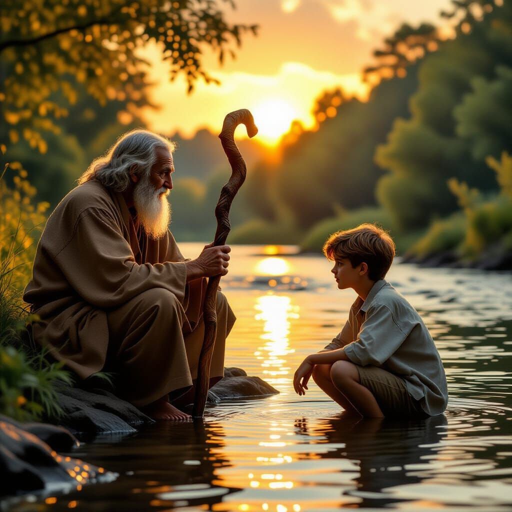 Wise Old Man Advises Teenager by River at Sunset