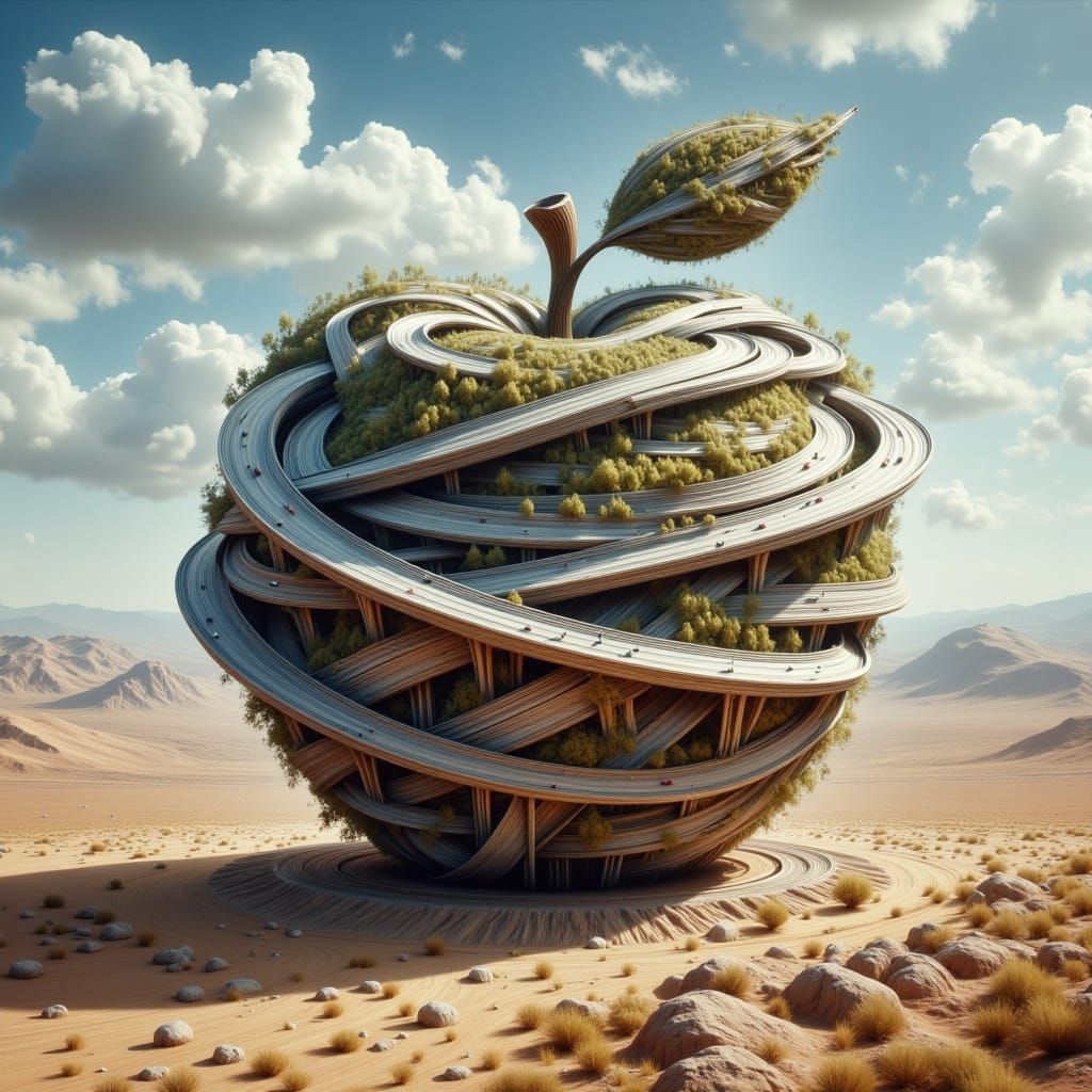 Surreal Futuristic Colossal Apple in a Rising Helix of Roads