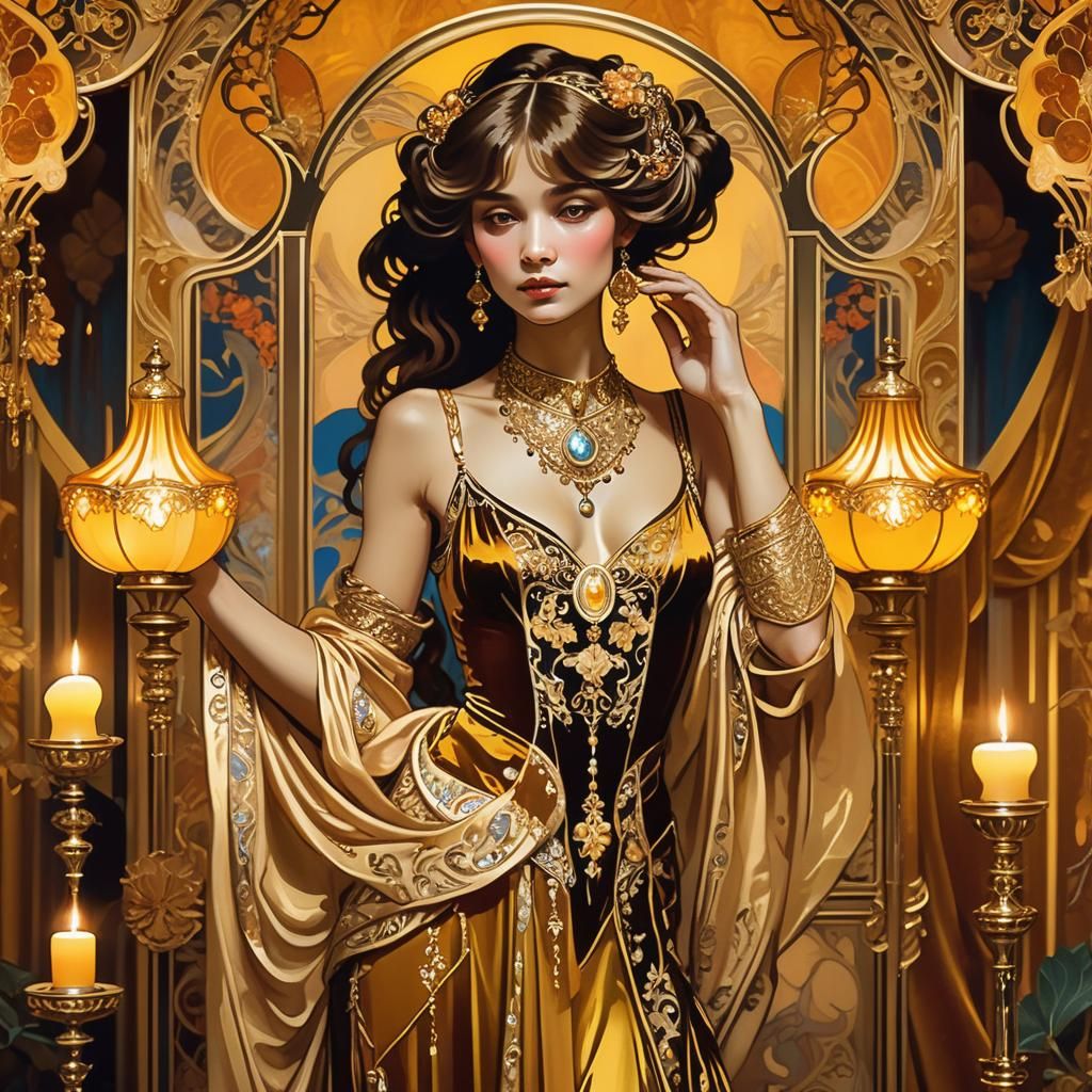 Opulent Woman in Gold Dress, Art Nouveau Style