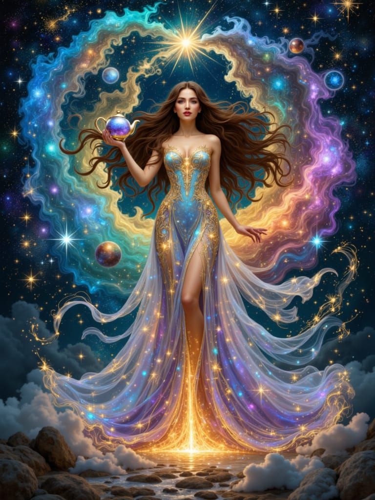 Celestial Goddess with Galaxy Teapot, Art Nouveau Style