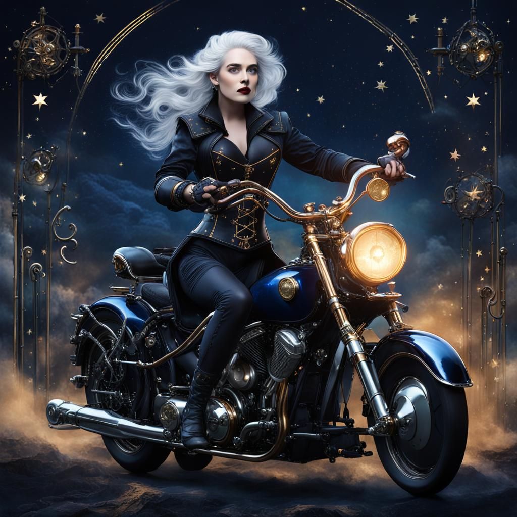 Steampunk Woman on Motorcycle with Aurora Backdrop