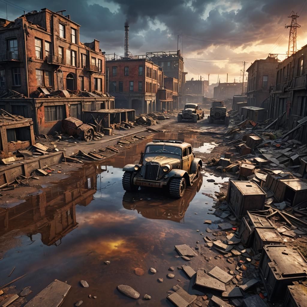 Dieselpunk WWII Panzer in Ruined Wasteland at Sunset