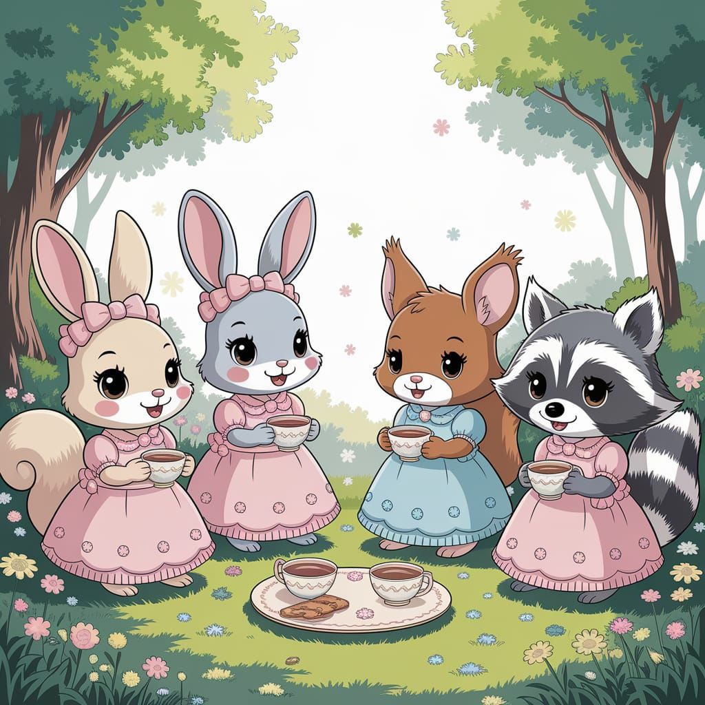 Enchanting Forest Tea Party in Ghibli Anime Style