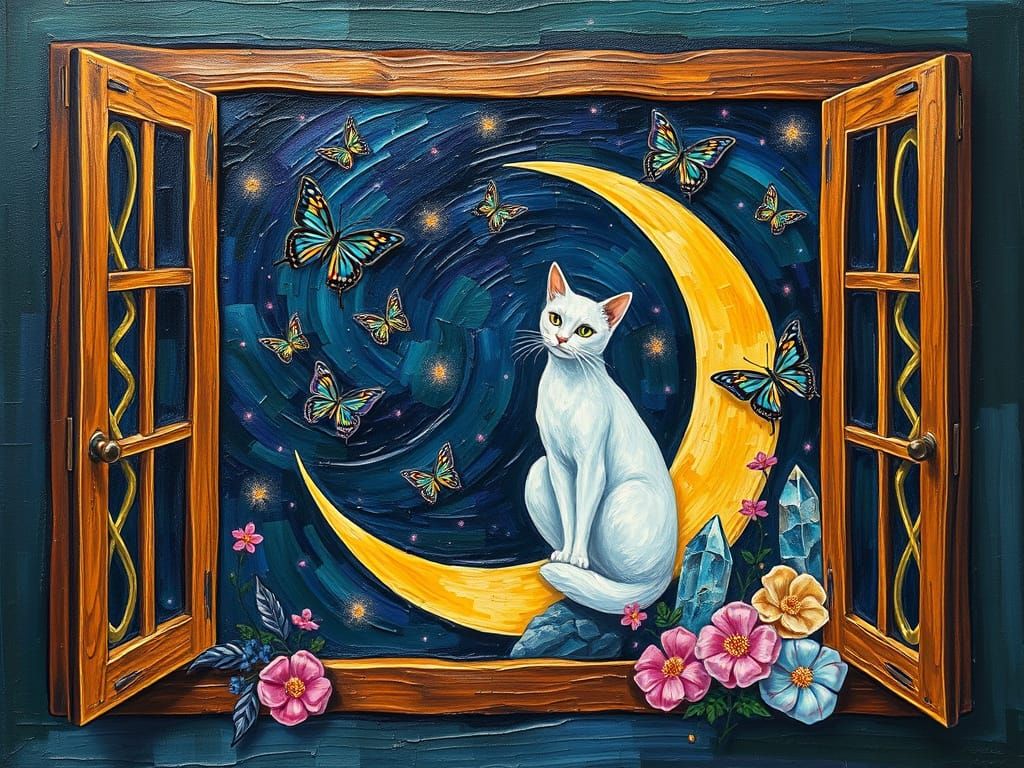 Dreamy Post-Impressionist Moonlit Scene with Whimsical Creat...