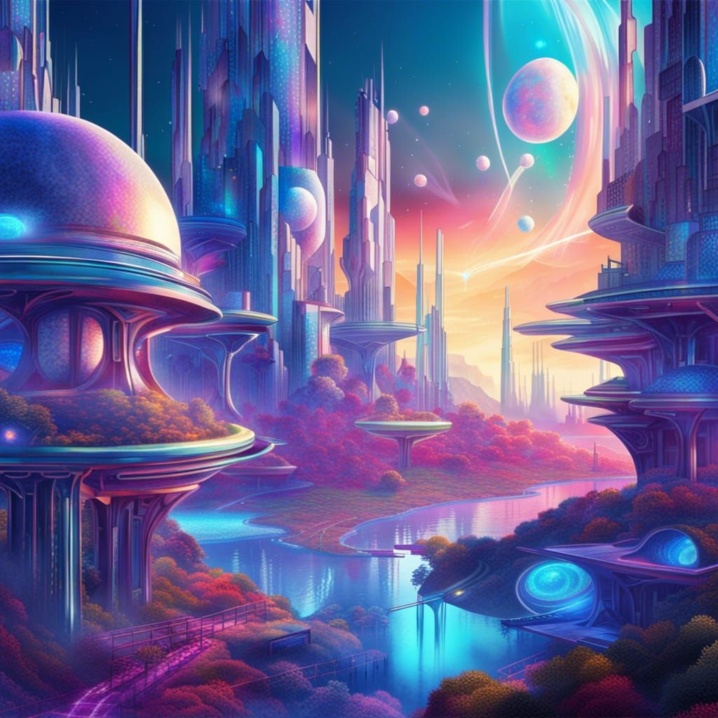 Utopian Cityscape with Sci-Fi Astral Holograms