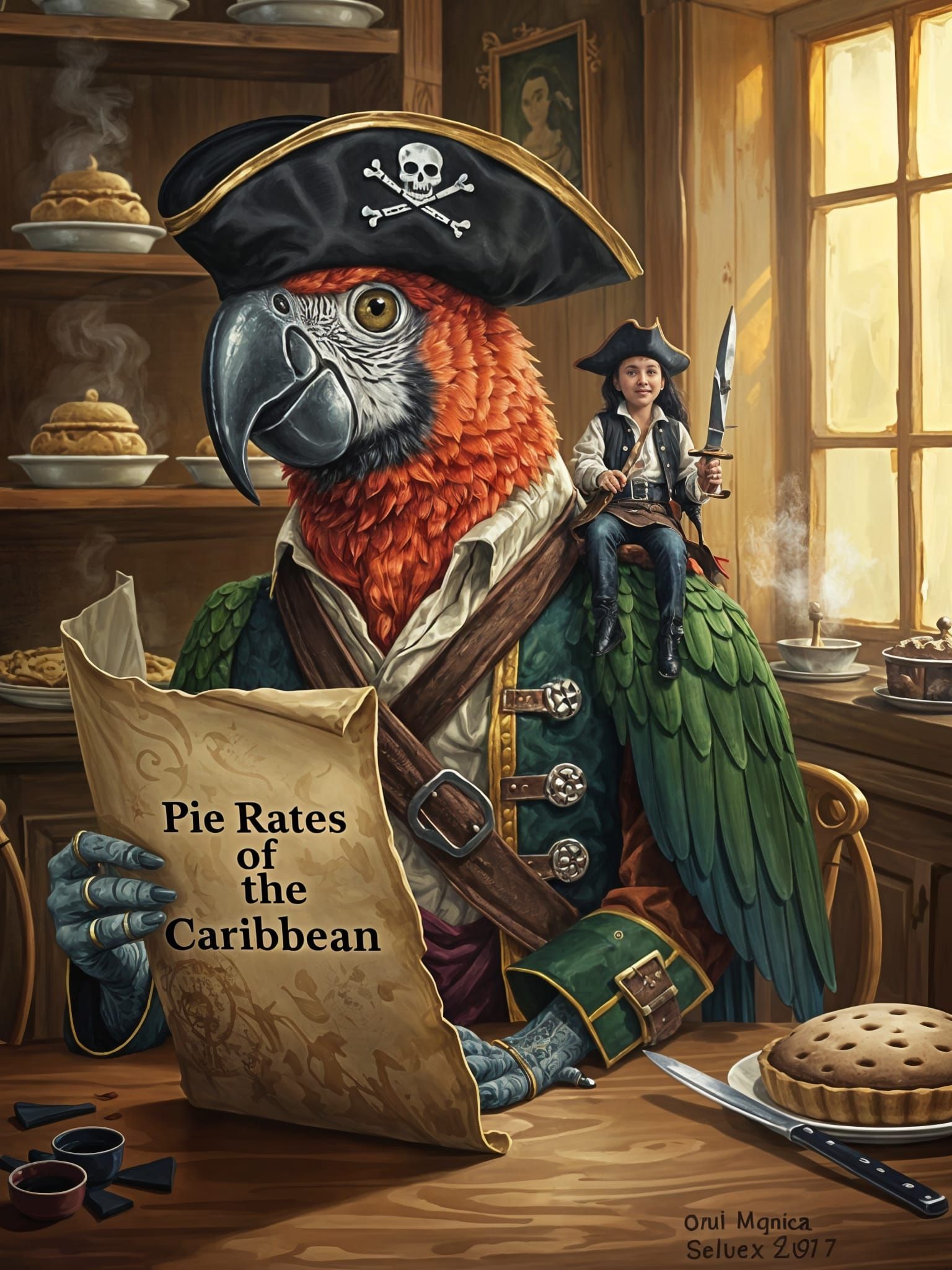 Pirate Parrot in Pie Shop: Humorous Traditional Painting