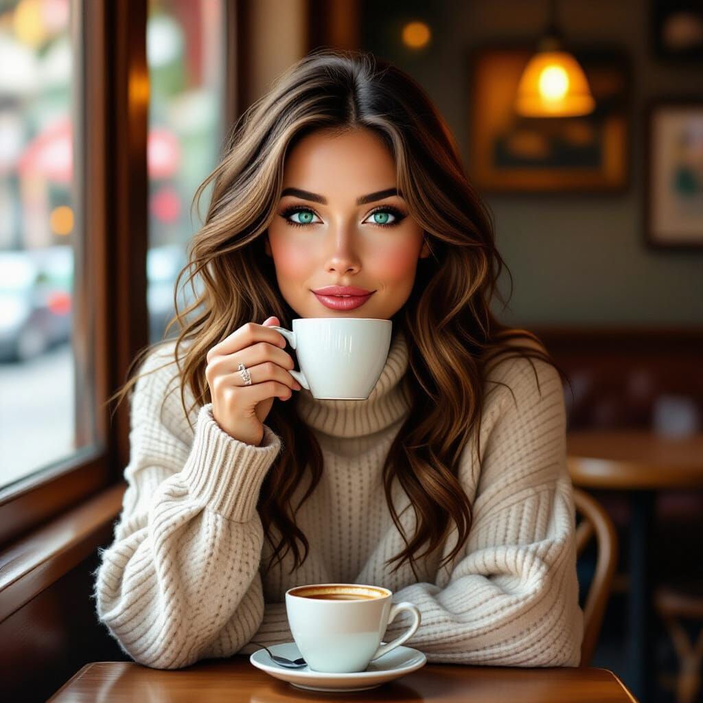 Woman in Cafe: Evocative Portrait in Whimsical Realism