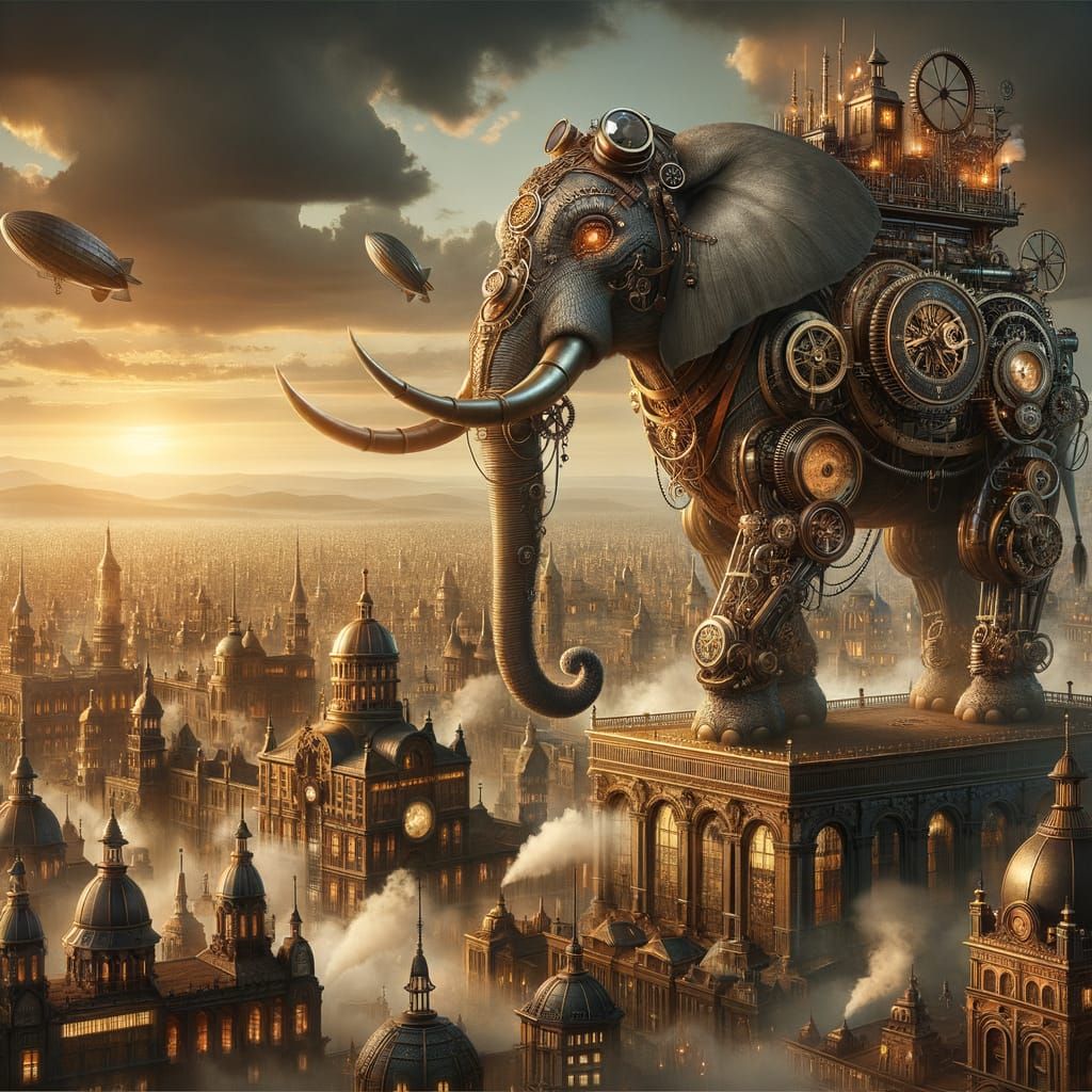 Steampunk Elephant in Victorian Cityscape