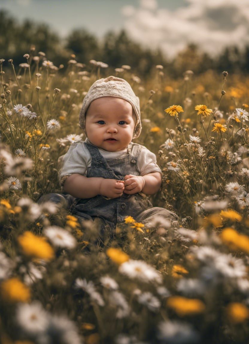 Baby in Wildflowers: Hyperrealistic 64MP Image