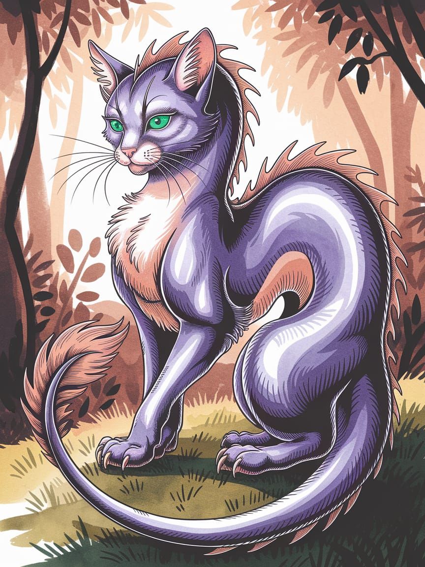 Majestic Dragon-Cat in High Fantasy Illustration