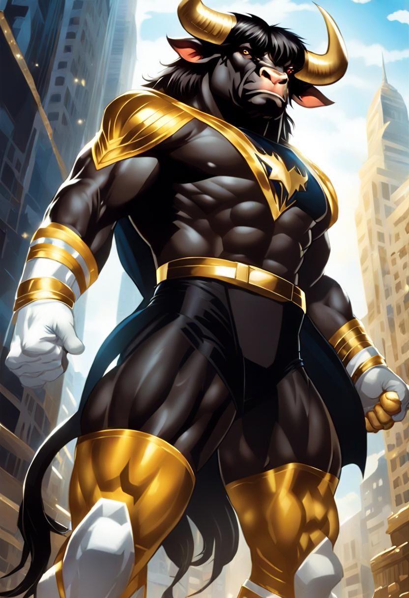 Hypermuscular Bull Superhero in Cityscape Comic Art