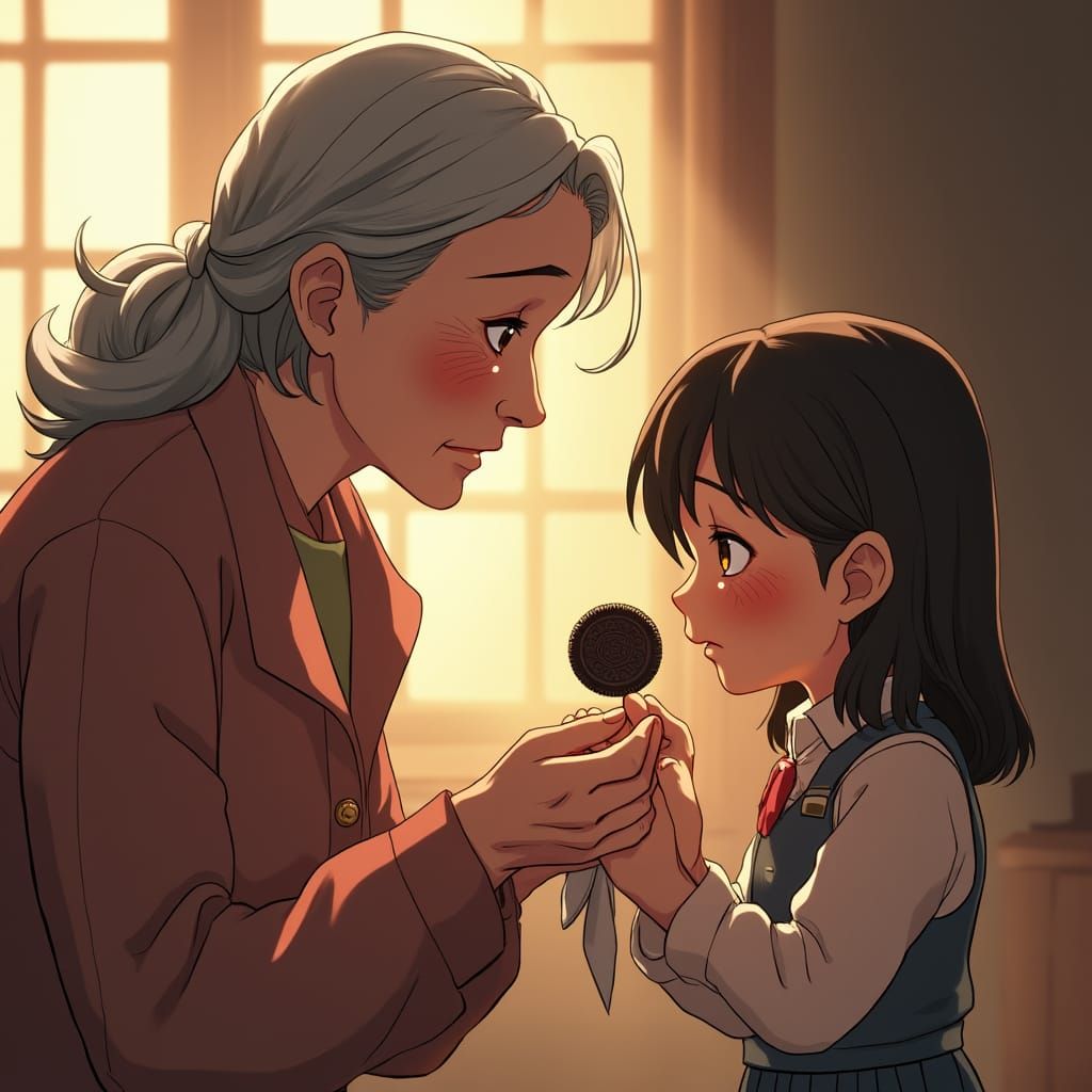 Heartwarming Grandmother Offers Oreo: Anime-Inspired 3D Art