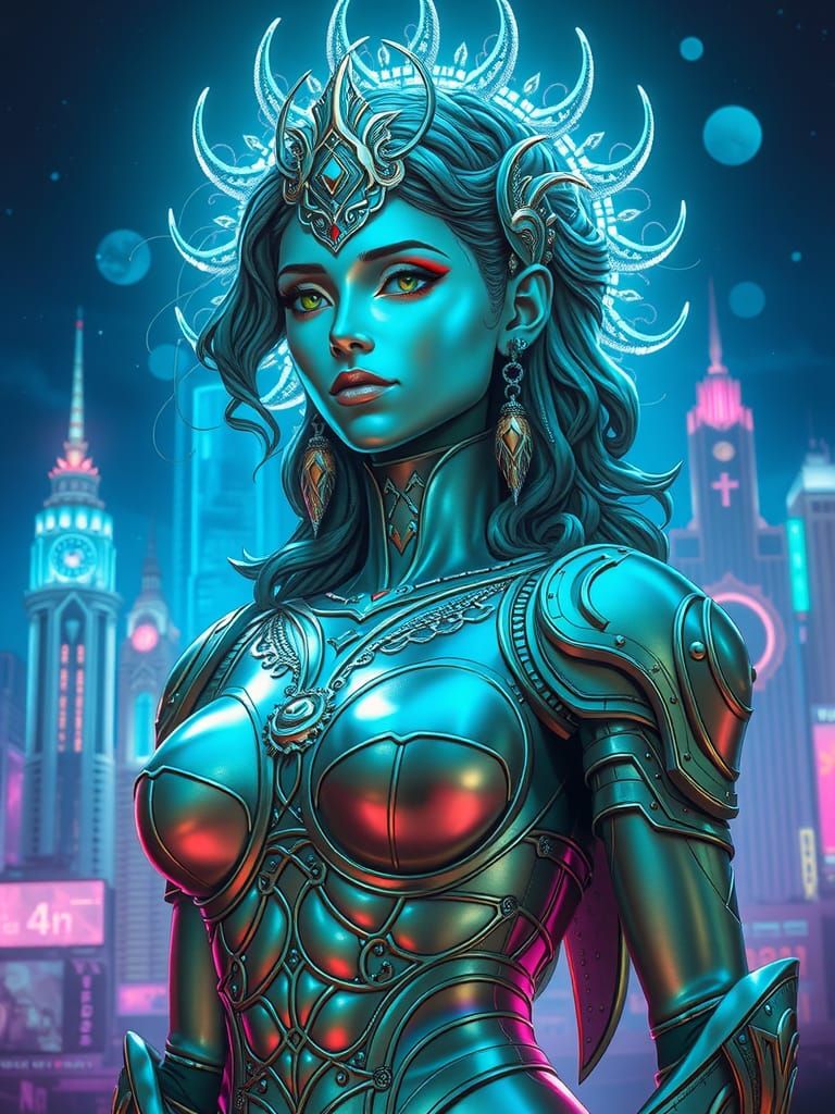 Cyberpunk Goddess in Neon Cityscape