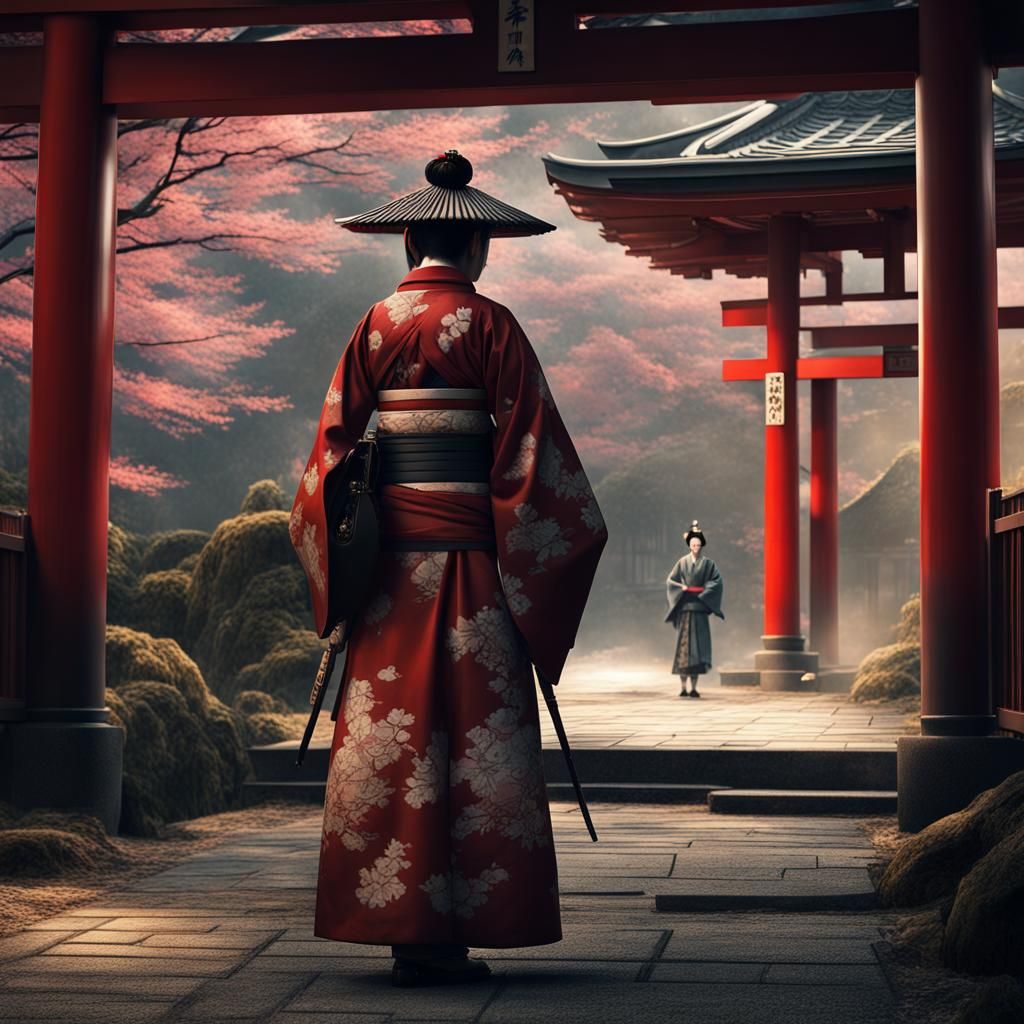 Samurai with Geishas at School Entrance: Digital Painting