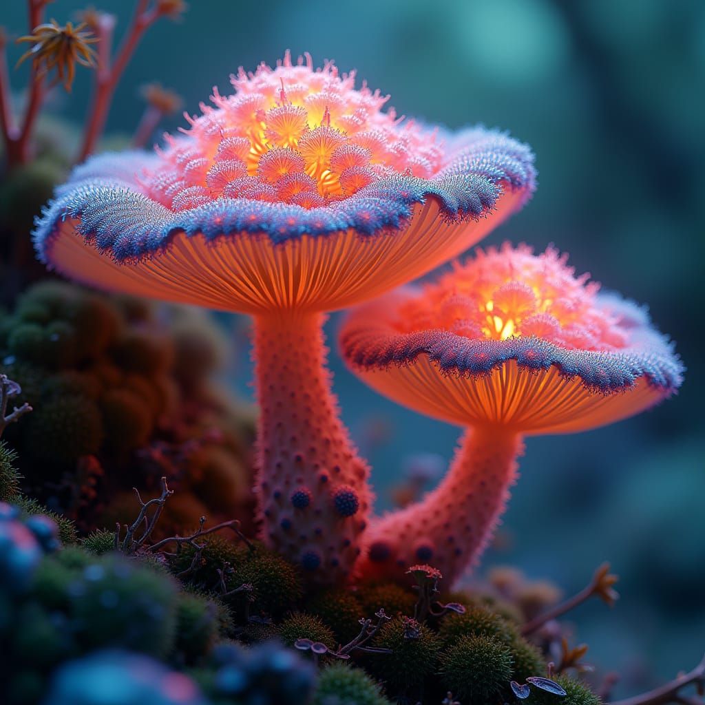 A Hericium coralloides mushroom viewed under a microscope, fractals, fractals, 8k resolution concept art, tetradic color...