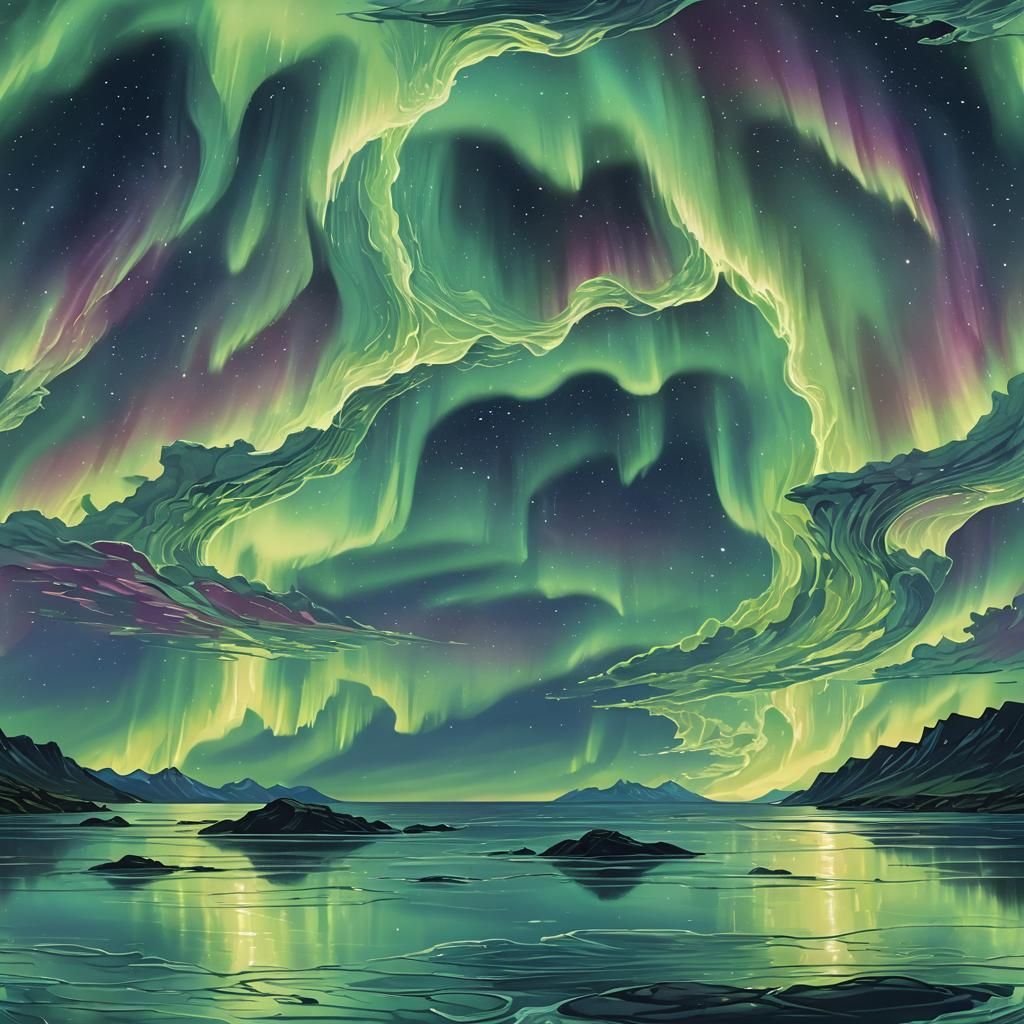 Aurora Borealis Reflection in Glowing Sea
