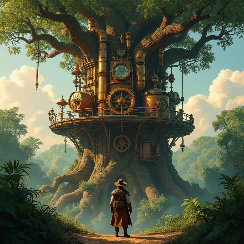 Steampunk Treehouse in Prehistoric Jungle: Detailed Digital ...