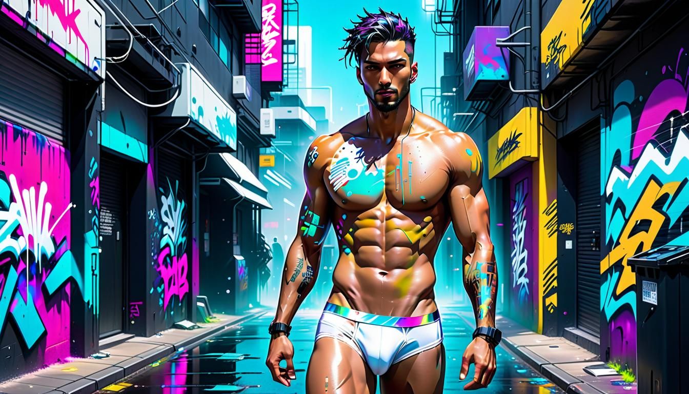 Cyberpunk Man in Briefs Walking Towards Camera