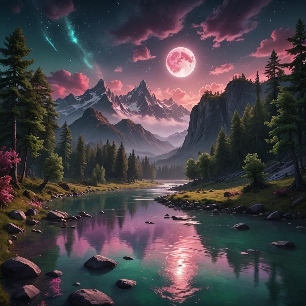 River Landscape with Crimson Moon in Dreamlike Fantasy Art