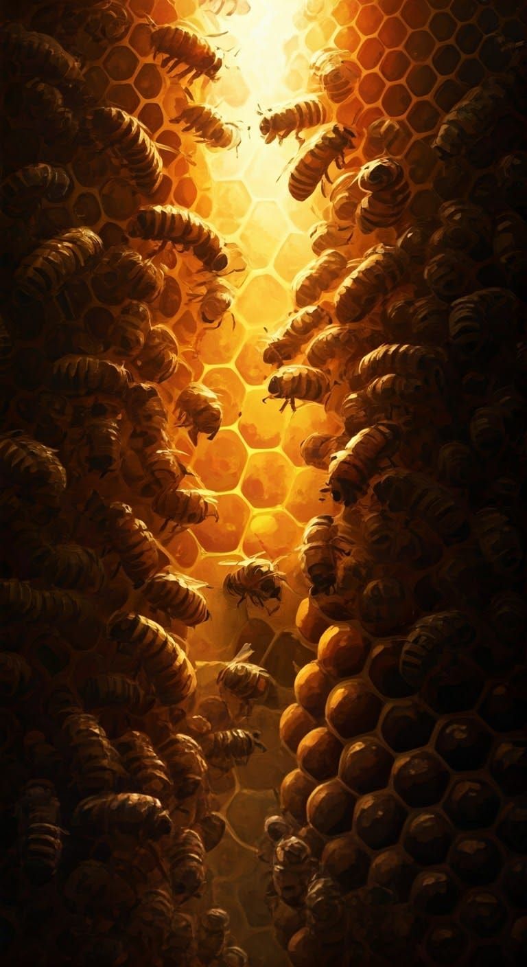 Golden Honeycomb Hive in Dreamlike Detail