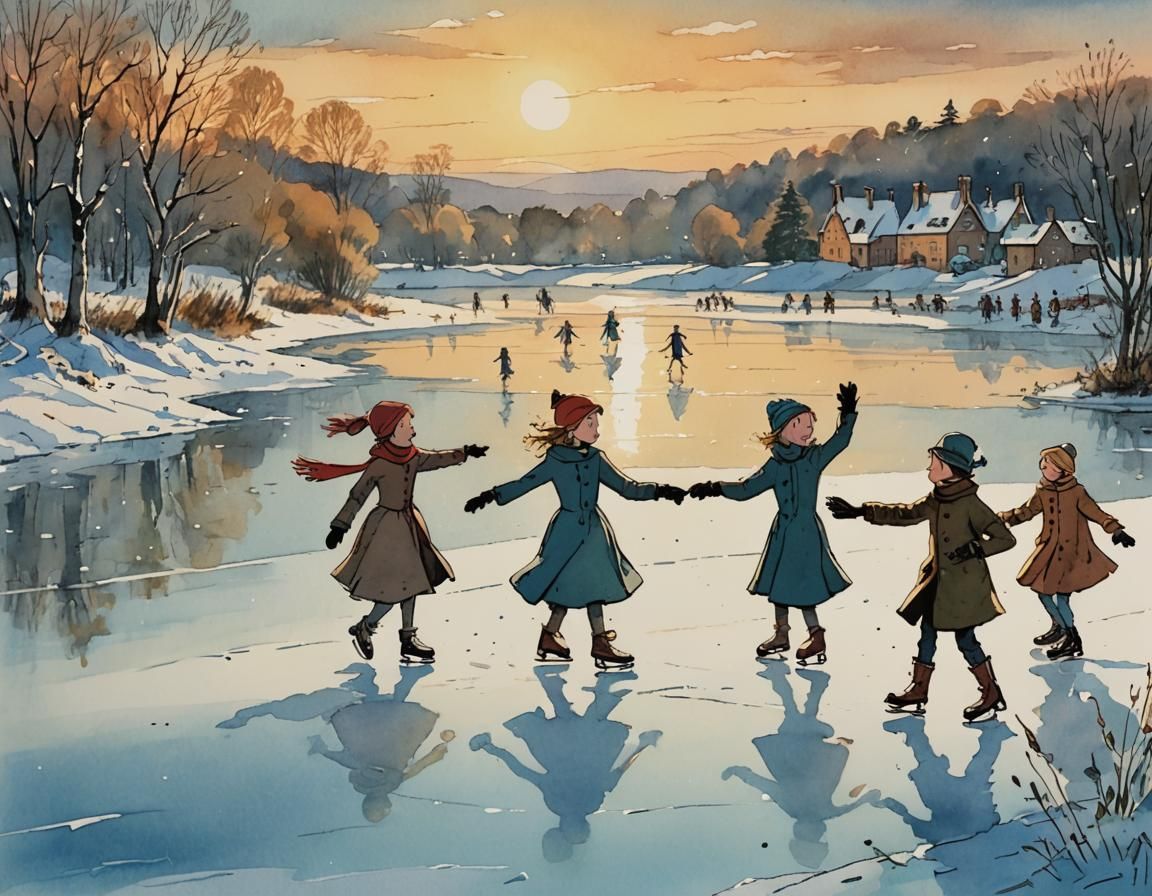 Ice Skating Scene in Children's Book Illustration Style
