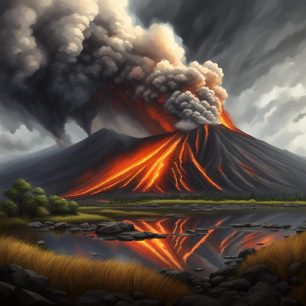Volcanic Eruption with Fires and Reflections