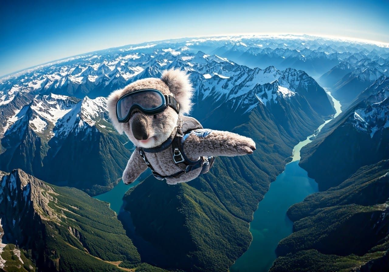 Koala Bear Skydiving Adventure in Syd Mead Style