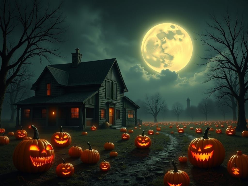 Halloween Farm Scene With Zombies Under Harvest Moon