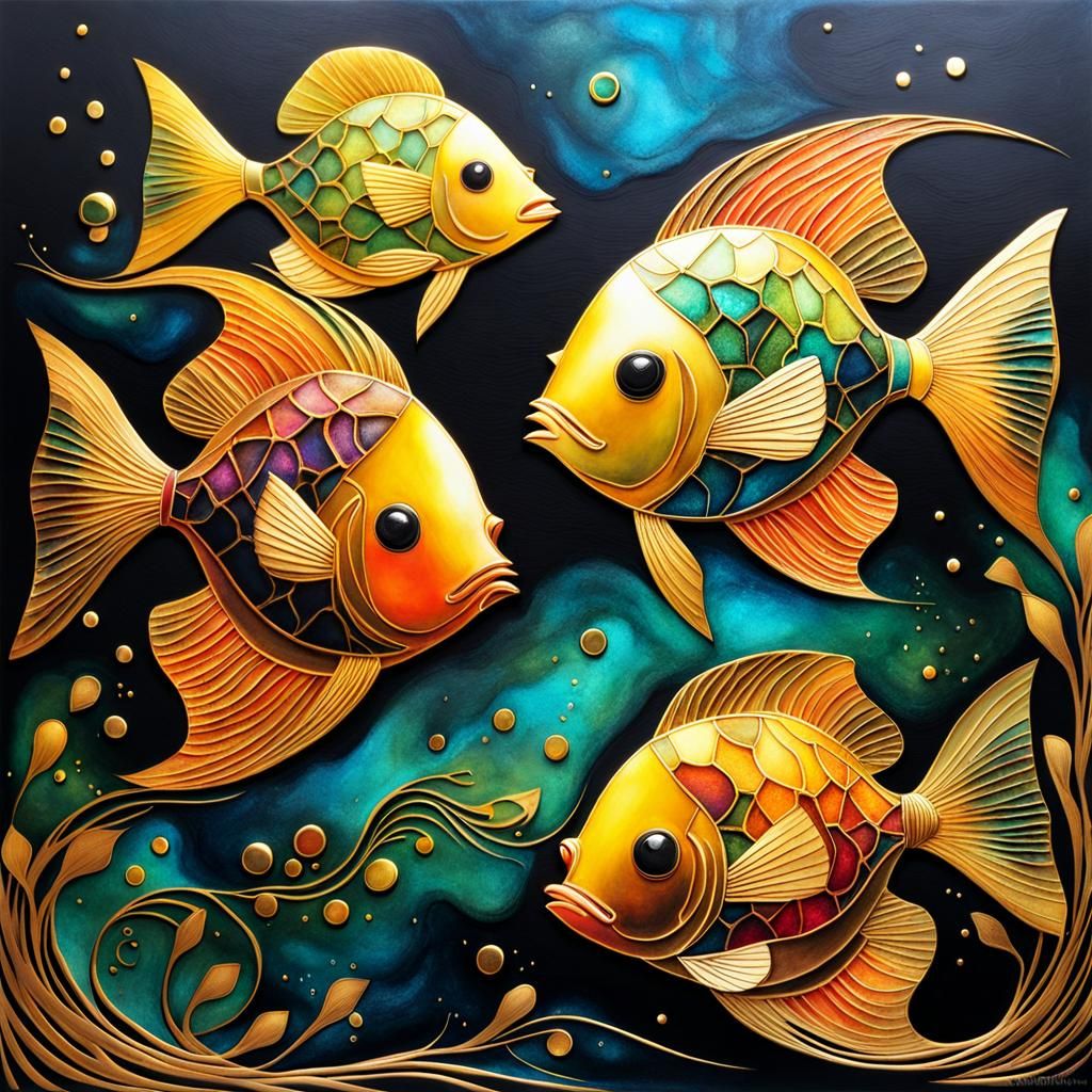 Mysterious Cubist Fish in Vibrant Luminous Colors