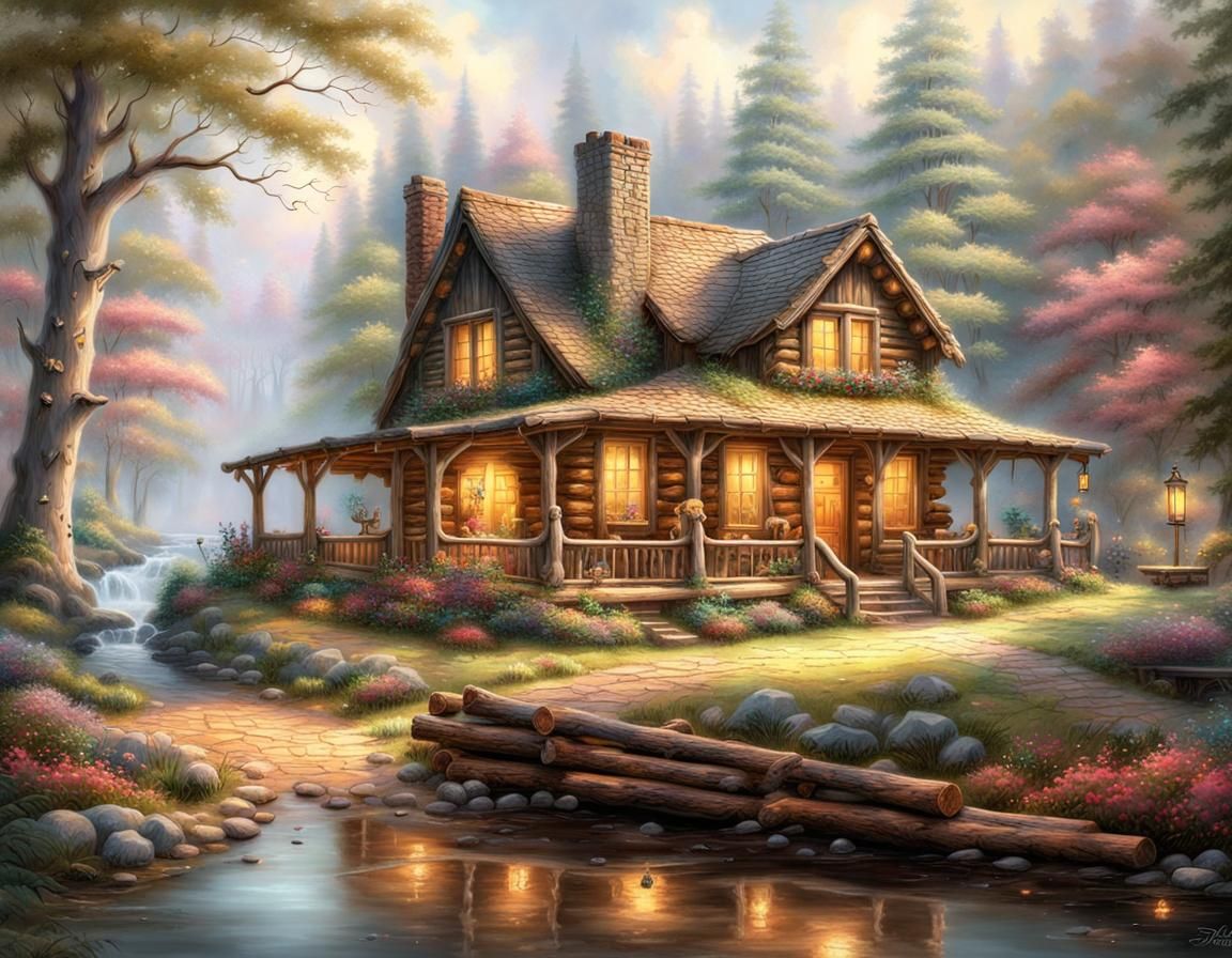 Idyllic Log Cabin in Woods: A Kinkade-esque Fantasy